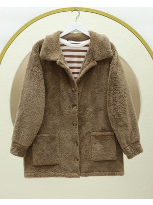 Modamorfo Boydan Düğmeli Cepli Pelüş Ceket -Kahve