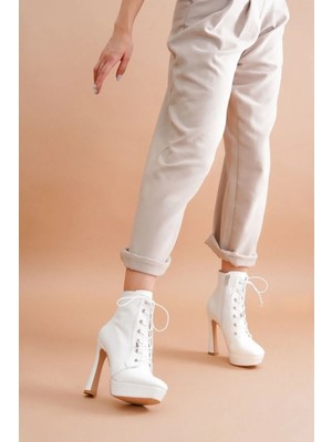 Ayakkabı Ateşi Kadın Bağcıklı Fermuarlı Yüksek Topuklu Bot Viole Beyaz Cilt