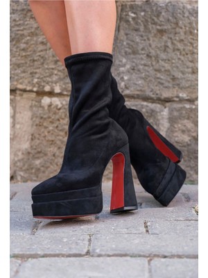 Ayakkabı Ateşi Kadın Siyah Süet Çift Platform Özel Tasarım  Ayakkabı Spica