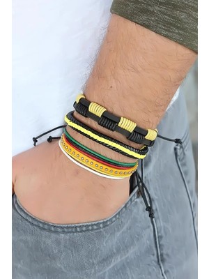 Uravas Store Sarı Renk Zımbalı Deri Erkek Bileklik Kombini - TJ-EB1342