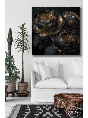 Şehzat Tekli Kare Kanvas Duvar Tablosu Salon Yatak Odası Mutfak Kafe Ofis Gold Efekt Siyah Çiçekler