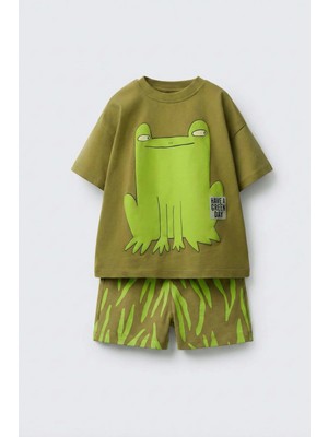 Magu Unisex Çocuk Pamuklu Haki Kurbağa Baskılı Tişört Şort Takım