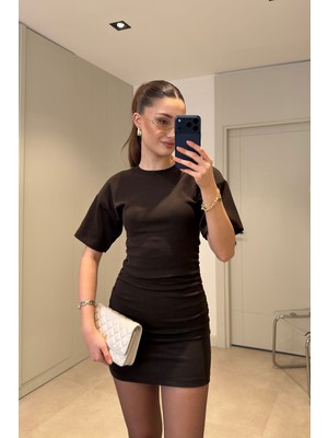 Magarde Premium Yanları Büzgülü Mini Elbise- Kahverengi