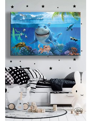 Şehzat Tekli Yatay Kanvas Tablo Köpekbalığı ve Balıklar Çocuk Odası Dekoratif Kanvas Duvar Tablosu