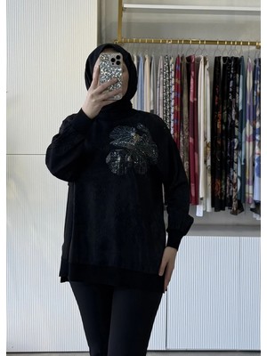 Tığ Triko Taşlı Desenli Ribana Detaylı Tunik 4010 Siyah