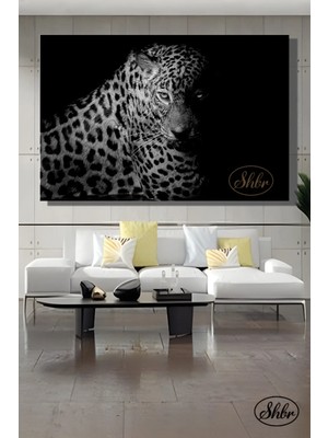 Şehzat Tekli, Yatay, Kanvas, Dekoratif, Duvar, Tablosu , Siyah Beyaz, Leopar,