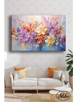 Şehzat Tekli Yatay Dekoratif Kanvas Tablo Salon Yatak Odası Kafe Ofis 3D Yağlı Boya Efekt Renkli Çiçekler