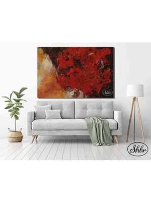 Şehzat Tekli Yatay Kanvas Tablo Yağlı Boya Görünümlü , Soyut, Kırmızı, Turuncu Dekoratif Kanvas Duvar Tablosu