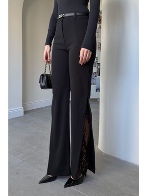 Magarde Yırtmaçlı Dantel Detay Pantolon- Siyah