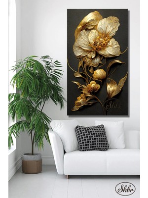Şehzat Tekli, Dikey, Kanvas, Dekoratif, Duvar, Tablosu , 3D Gold Çiçek,