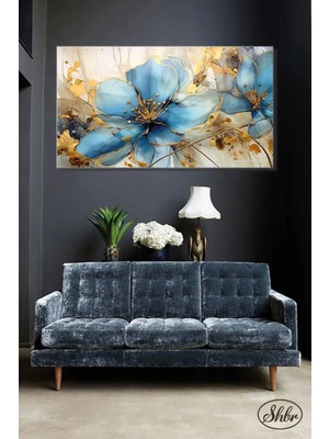 Şehzat Tekli, Yatay, Kanvas, Dekoratif, Duvar, Tablosu , Altın Varaklı, Mavi, Çiçekler,