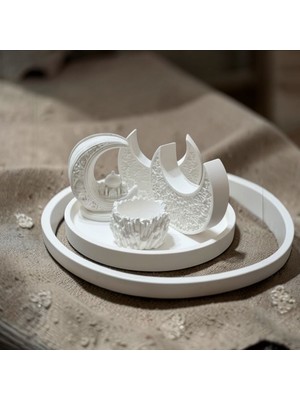 Natura Home Decor Minimal Dekoratif Obje Seti – Taş Tepsili Hilal Ay Figürlü Modern Ev Dekoru