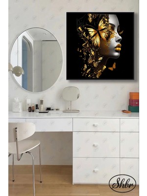 Şehzat Tekli Kare Kanvas Duvar Tablosu Kuaför Güzellik Salonu Makyaj Kelebekler ve Kadın Portre