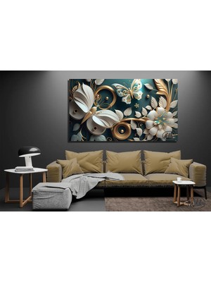 Şehzat Tekli Yatay Kanvas Tablo, Altın Varaklı, Çiçek ve Kelebekler, 3d, Dekoratif Kanvas Duvar Tablosu