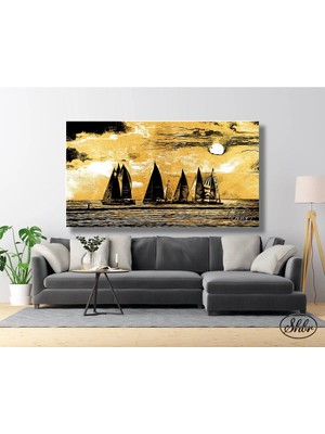 Şehzat Tekli Yatay Kanvas Tablo, Sürrealist Gün Batımında Yelkenliler Dekoratif Kanvas Duvar Tablosu