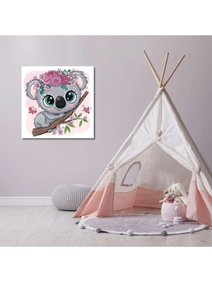 Şehzat Dekoratif Kare Kanvas Kız Çocuk Odası Pembe Çiçekli Koala Tablosu
