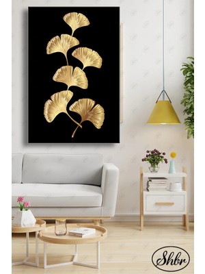 Şehzat Tekli Dikey Kanvas Duvar Tablosu Salon Yatak Odası Mutfak Kafe Ofis Gold Çiçek Illüstrasyon