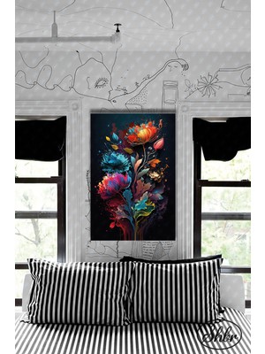 Şehzat Tekli Dikey Kanvas Dekoratif Duvar Tablosu Yağlıboya Efektli 3D Illüstrasyon Renkli Çiçekler