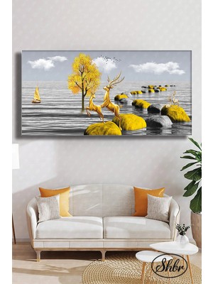 Şehzat Tekli Yatay Kanvas Duvar Tablosu Salon Yatak Odası Mutfak Kafe Ofis Altın Geyik Illüstrasyon