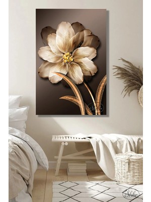 Şehzat Tekli Dikey Kanvas Tablo, Altın Efektli, Beyaz Çiçek, Dekoratif Kanvas Duvar Tablosu
