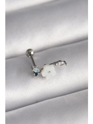 Uravas Store Çelik Gümüş Renk Zirkon Taş Detay Beyaz Çiçek Model Tragus Piercing - TJ-PR1357