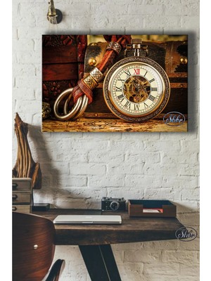 Şehzat Tekli Yatay Kanvas Tablo Vintage Nostaljik Cep Saati Dekoratif Kanvas Duvar Tablosu