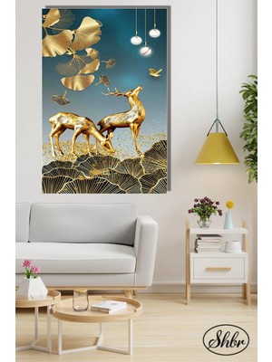 Şehzat Tekli Dikey Kanvas Salon Yatak Odası Mutfak Ofis Duvar Tablosu Soyut Sanat Altın Geyik