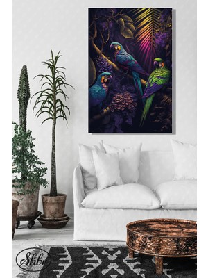 Şehzat Tekli Dikey Kanvas Dekoratif Duvar Tablosu Papağanlar Renkli Illüstrasyon