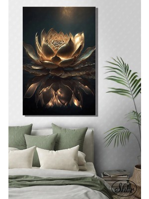 Şehzat Tekli Dikey Kanvas Salon Yatak Odası Mutfak Ofis Duvar Tablosu Gold Efekt 3D Lotus Çiçeği