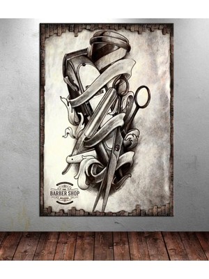 Şehzat Gri Berber Dükkanı Tablosu Berber Aletleri Kanvas Tablo