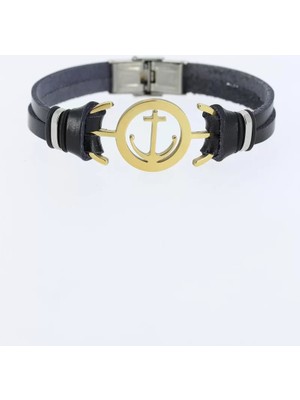Uravas Store Gold Renk Deniz Çapası Figürlü Metal Aksesuarlı Siyah Renk Deri Erkek Bileklik - TJ-EB1339