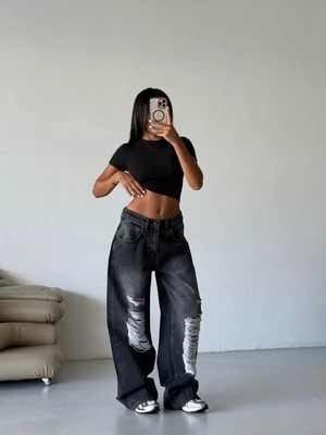 Dadya Milla Dadyaml Füme Lazer Yıkamalı Yırtık Baggy Jean 9561