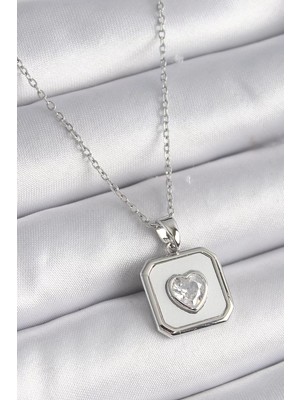 Uravas Store Çelik Gümüş Renk Kare Madalyon Zirkon Taş Işleme Kadın Kolye - TJ-BKO9525