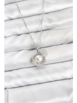 Uravas Store Çelik Zincir Gümüş Renk Incili Deniz Kabuğu Model Zirkon Taşlı Kadın Kolye - TJ-BKO10910