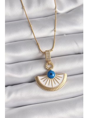Uravas Store Çelik Gold Renk Zincir Zirkon Taş Detaylı Nazar Boncuk Göz Model Kadın Kolye - TJ-BKO9474
