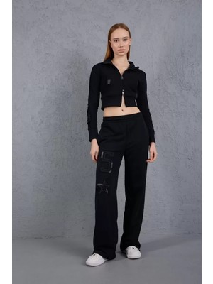 Dadya Milla Dadyaml Yıldız Yama Detaylı Siyah Crop Eşofman Takımı 9561