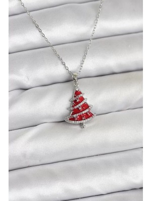Uravas Store Çelik Zincir Gümüş Renk Kırmızı Çam Ağacı Model Yılbaşı Temalı Kadın Kolye - TJ-BKO10715