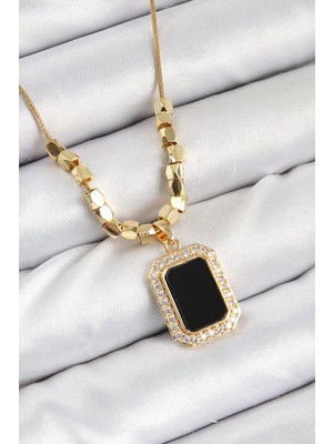 Uravas Store Çelik Zirkon Taşlı Siyah Baget Model Gold Renk Kadın Kolye - TJ-BKO10480