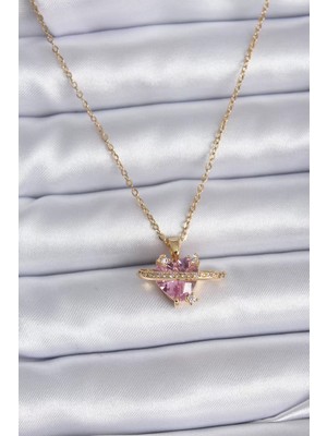 Uravas Store Çelik Gold Renk Zincir Pembe Kristal Model Zirkon Taş Detay Kadın Kolye - TJ-BKO7747