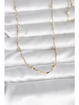 Uravas Store cm 14K Gold Renk Kesme Çubuk Zincir Topçuklu Model 60 cm Kadın Kolye - TJ-BKO10986