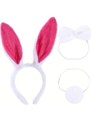 Uravas Store Fuşya Pembe Tavşan Kulak Papyon Kuyruk 3'lü Parti Seti