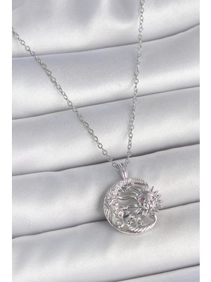 Uravas Store Çelik Gümüş Renk Zincir Ay Güneş Model Zirkon Taş Detay Kadın Kolye - TJ-BKO10056