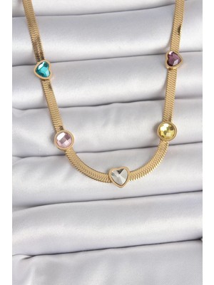 Uravas Store Çelik Gold Renk Italyan Zincir Renkli Zirkon Taşlı Figür Kadın Kolye - TJ-BKO10117