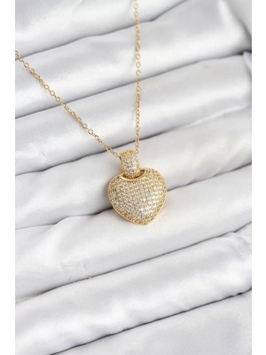 Uravas Store Çelik Zincir Gold Renk Zirkon Taşlı Kalpli Kadın Kolye - TJ-BKO10607