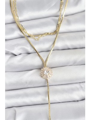 Uravas Store Pirinç Gold Renk Zirkon Taşlı Papatya Model Detaylı 3'lü Kombin Y Kadın Kolye - TJ-BKO10696