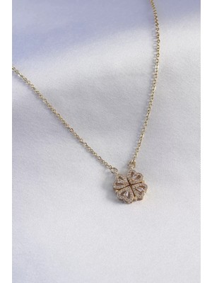 Uravas Store Çelik Gold Renk Açılır Zirkon Taşlı Yonca Model Kadın Kolye - TJ-BKO7290