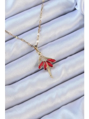Uravas Store Çelik Zincir Altın Renk Kırmızı Etekli Zirkon Taşlı Balerin Kolye - TJ-BKO9099