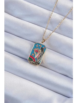 Uravas Store Çelik Zincir Altın Renk Taç Kız Figürlü Renkli Mineli Tarot Kolye - TJ-BKO9229