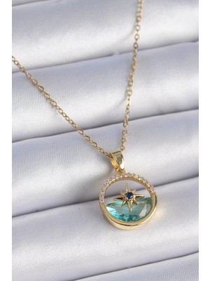 Uravas Store Çelik Zincir Gold Renk Zirkon Taşlı Deniz Görünüm Kutup Yıldız Model Kadın Kolye - TJ-BKO9358