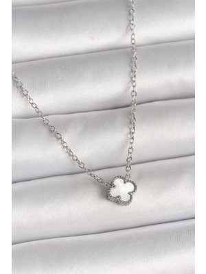 Uravas Store Çelik Gümüş Renk Beyaz Yonca Model Kadın Kolye - TJ-BKO10020